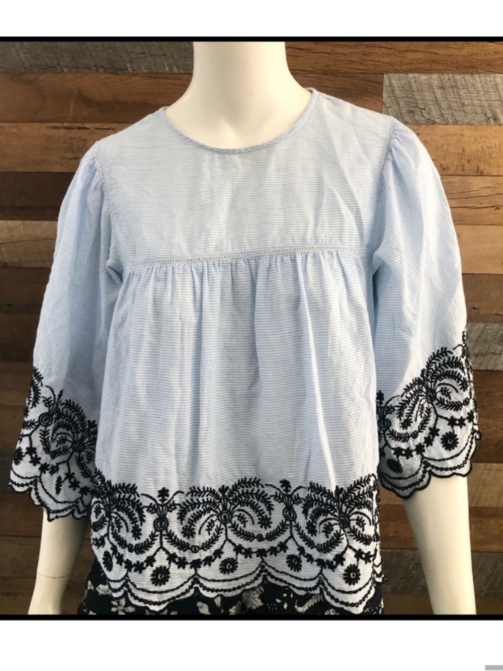 Zara Basic Blue top with Black Scalloped Embroidery Size S.
